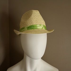 Straw Fedora with Green & White Fabric Trim NWT